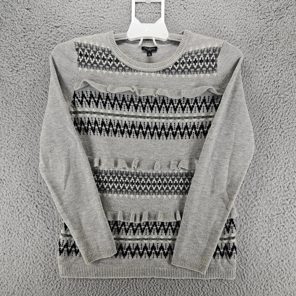 Talbots Petites Grey Fair Isle Ruffle Trim Lambswool Blend Sweater Womens SP